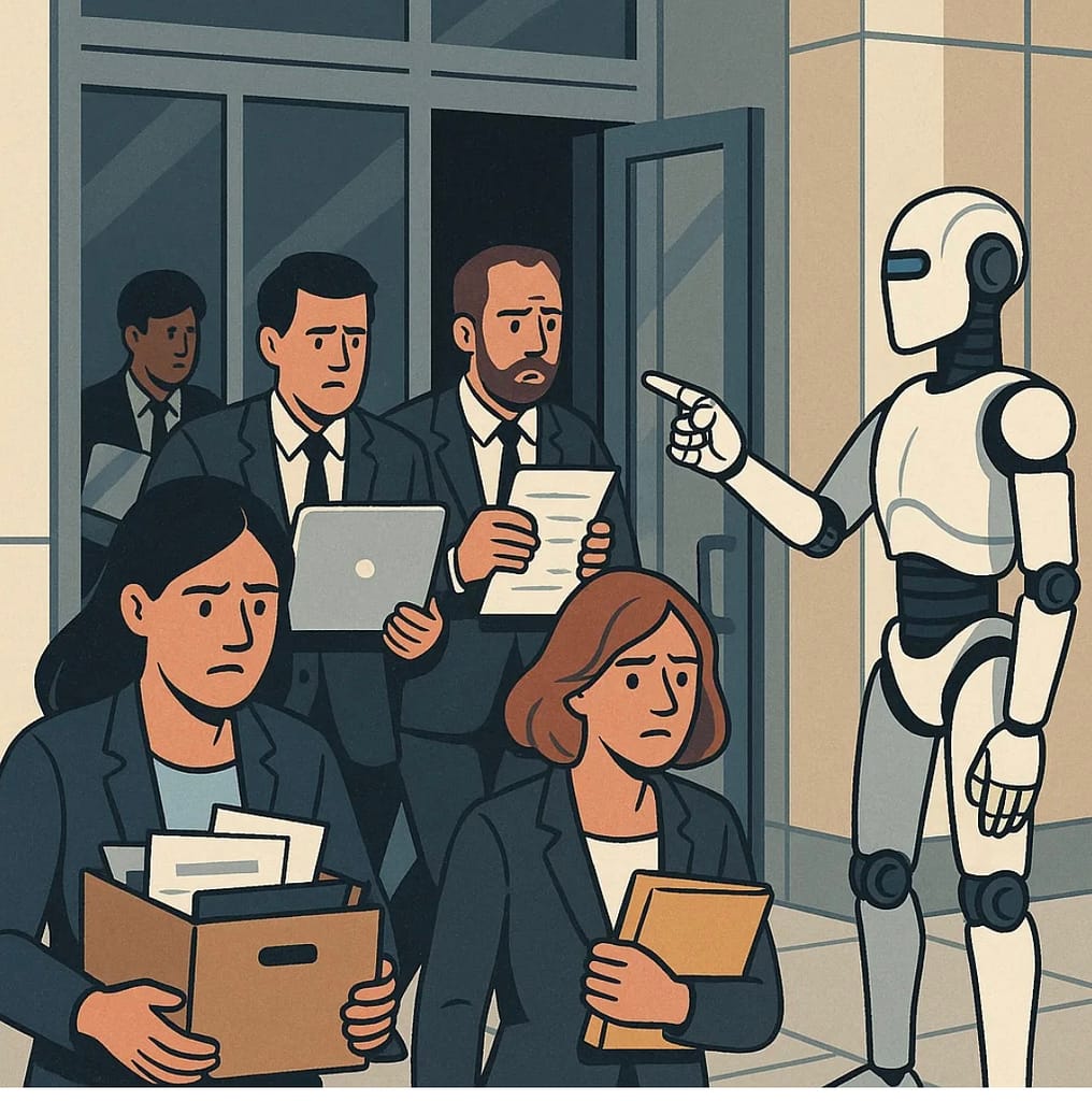 Robot directing office workers to leave the building, symbolising AI replacing white-collar jobs