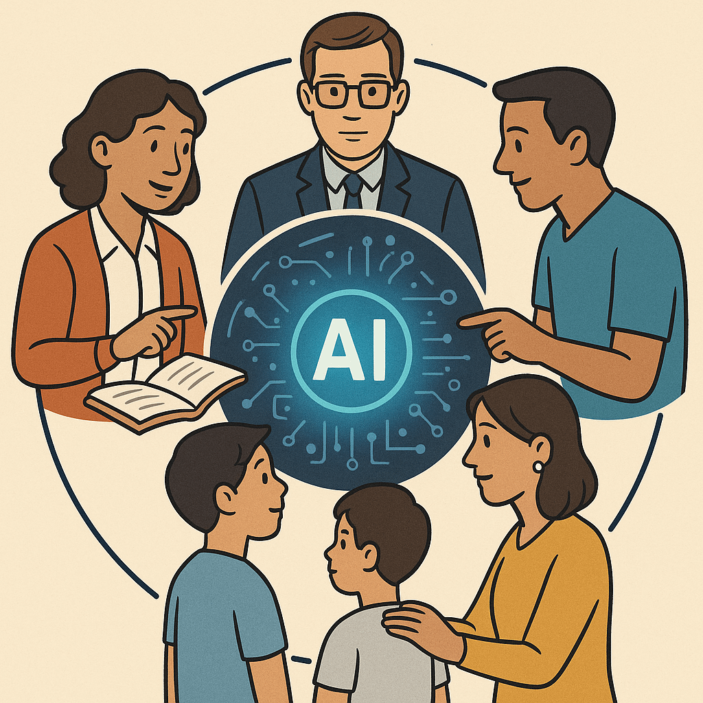 Cartoon style image depicting the need for collaboration to ensure AI Safety. There is a blue, ai style,circle in the centre with AI letters surrounded by a diverse group of people discussing ai safety.