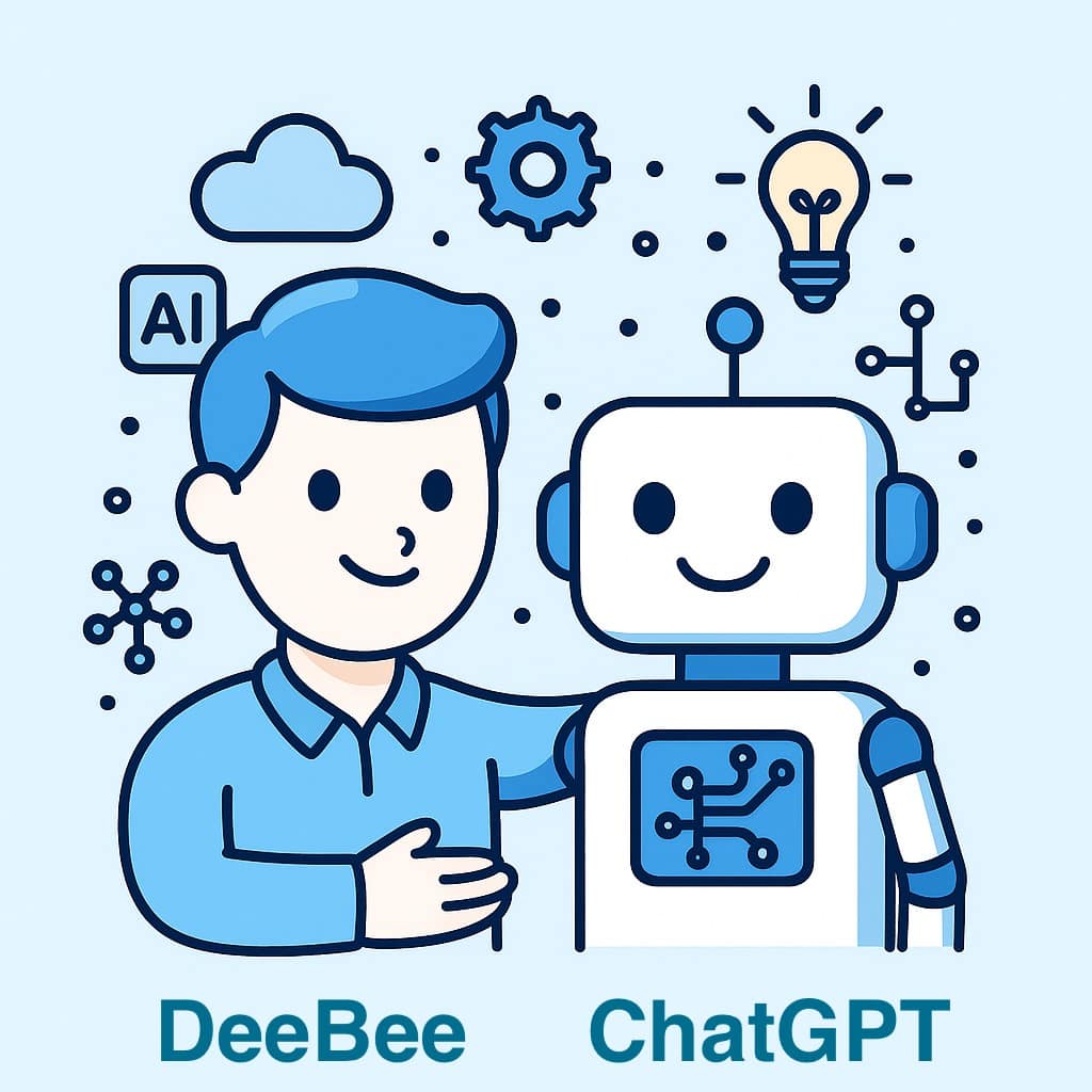 A cartoon style image showing DeeBee with his AI Partner ChatGPT. DeeBee ia patting ChatGPT on rhe back for a job well done.