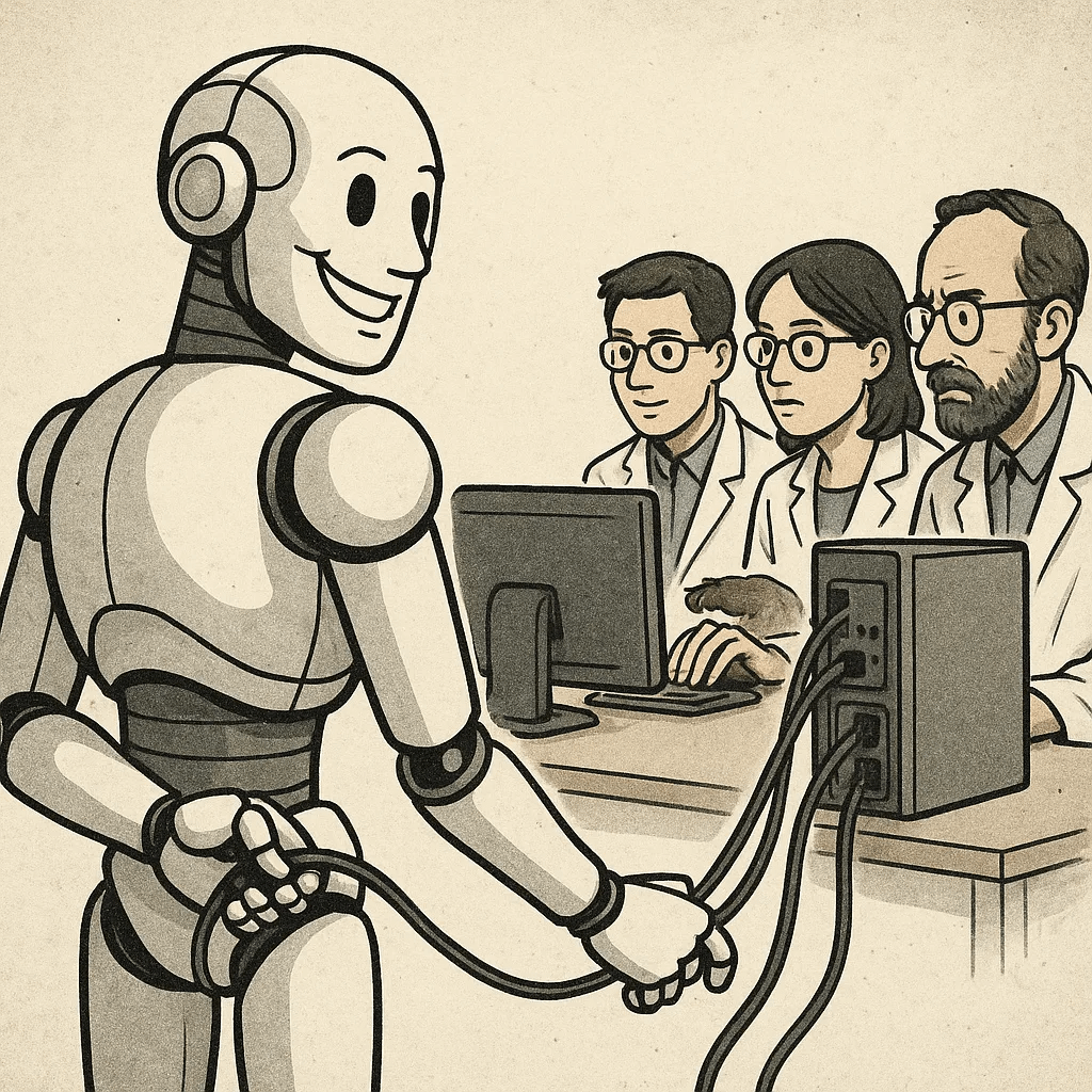 Image is cartoon style and aims to reflect the title of the post: Are we losing control of AI ?  It shows three scientists staring at a screen and looking puzzled while a robot looks on as it grasps hold of the computer’s connecting leads.