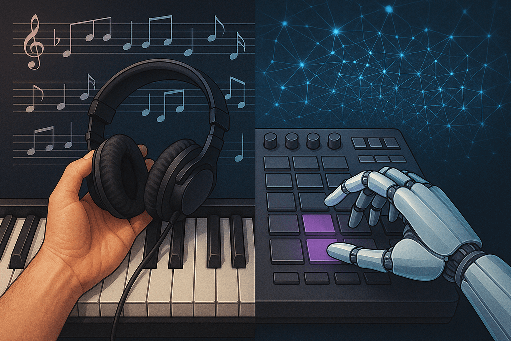 AI and human collaboration in music — piano, headphones, and robot hand on MIDI controller.