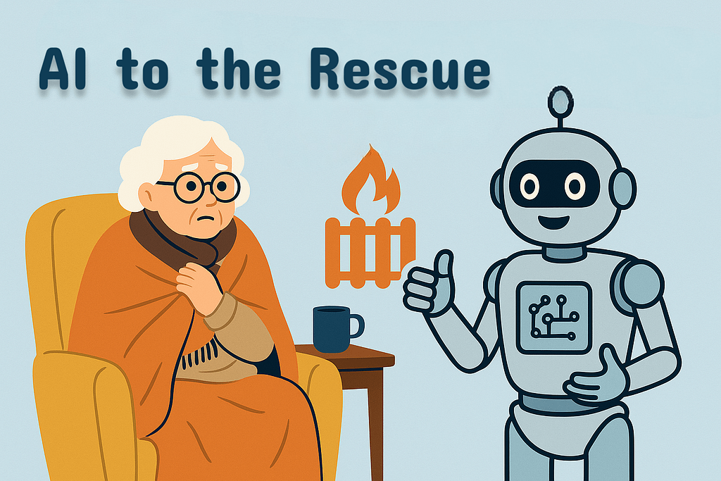 Old lady with a shawl trying to keep warm. The AI robot is shown offering her help to keep warm by promising to improve winter fuel allowance