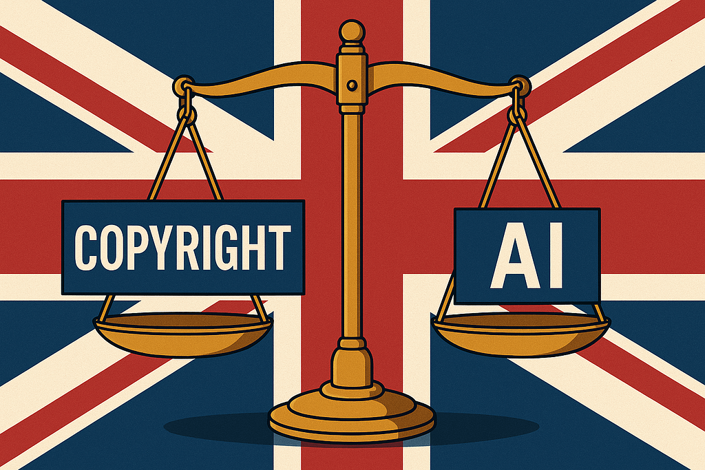 The words copyright and AI are placed on opposite pans of an old fashioned weighing scale against  background of a Union Jack flag. This is symbolising the balance of justice sought between the copyright claims of creatives against the greed of AI
