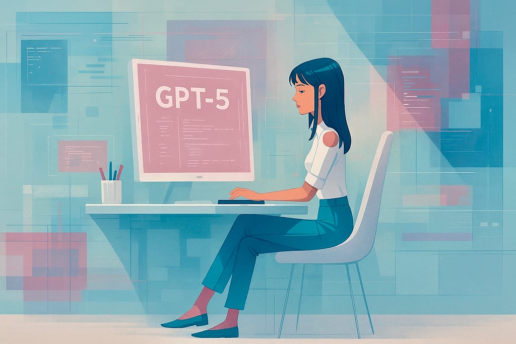 Cartoon style image show a girl dressed in blue jeans and a white top seated at a computer. On the screen we see the letters GPT 5