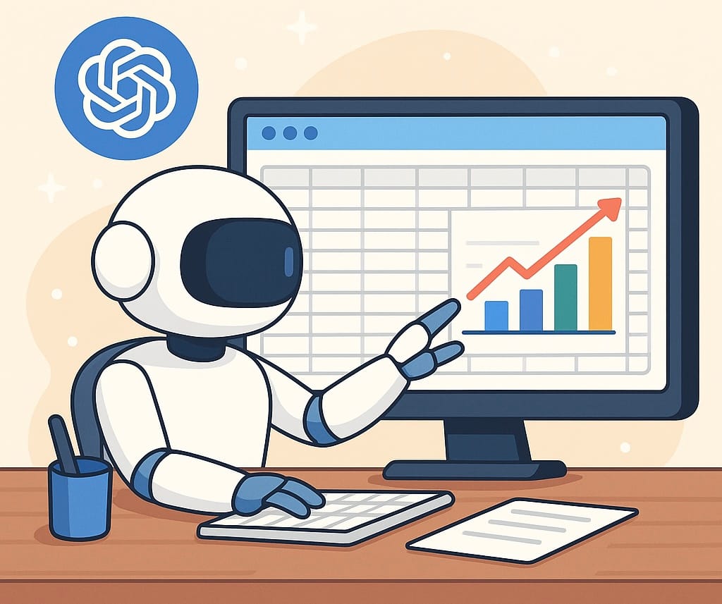 ChatGPT Agents for small business are symbolised here by a robot figure looking at a spreadsheet