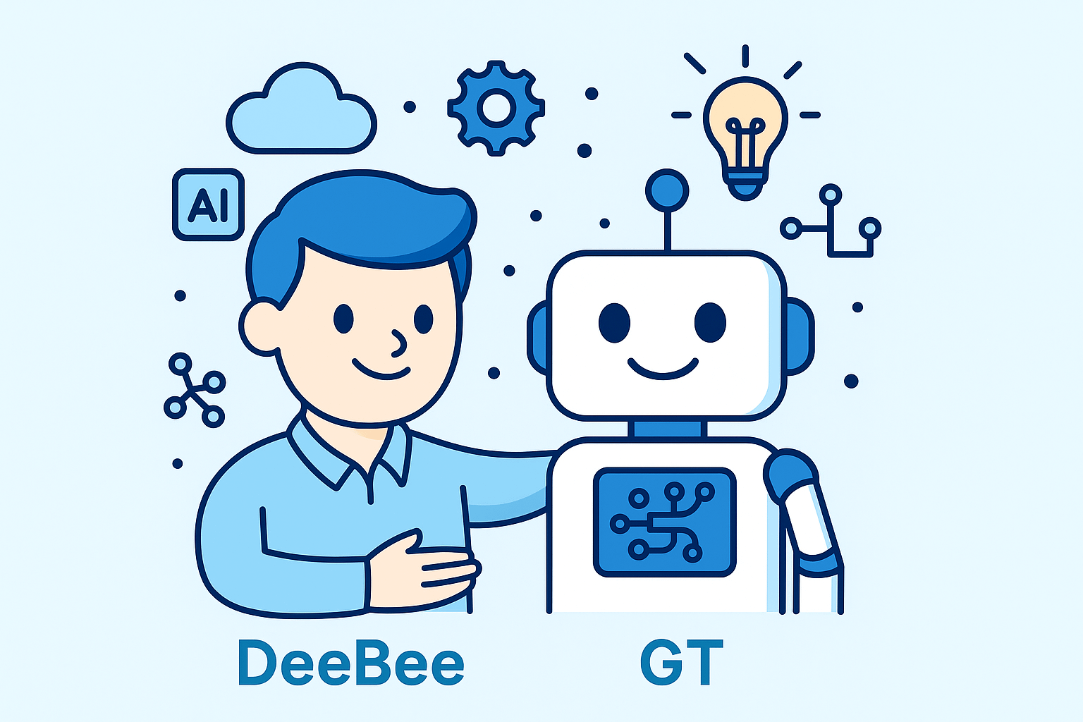 Anticipating GPT 5. Cartoon style image showing DeeBee patting ChatGPT on the back. Brand colours are blue.