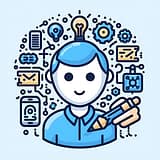 DeeBeeAI Logo - cartoon image of DeeBee dressed in blue, holding a pencil and surrounded by various AI generated objects