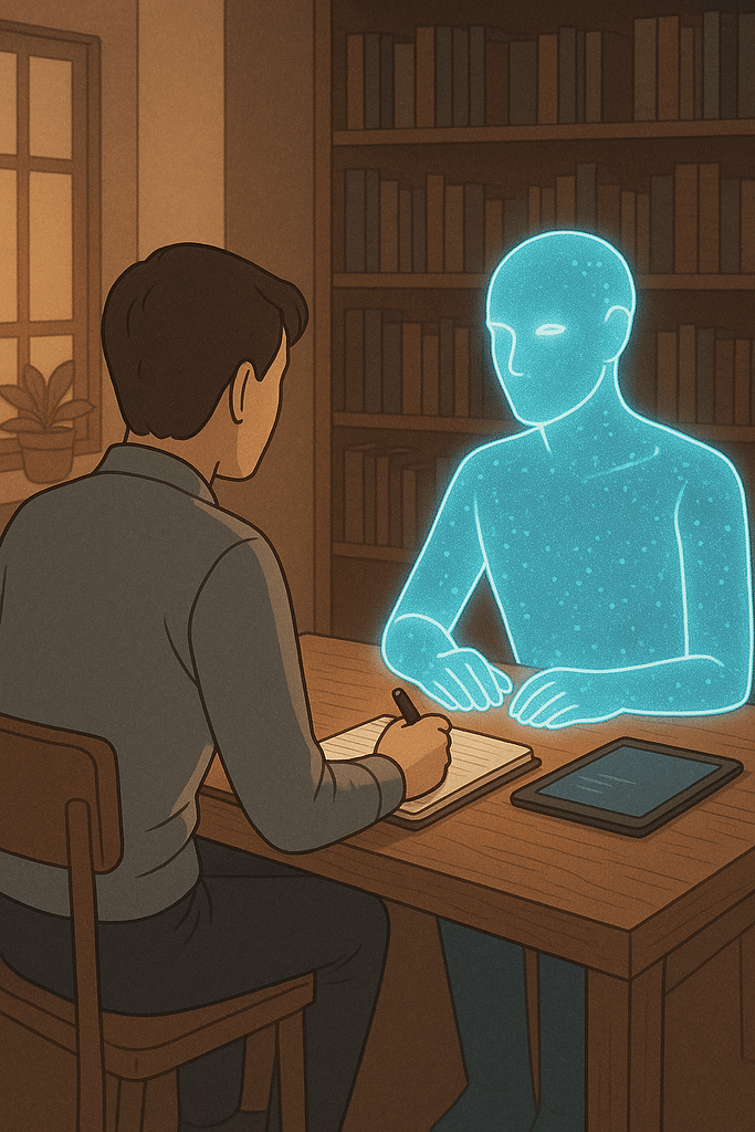 A thoughtful human (gender-neutral, back view) and a glowing digital figure (symbolising AI) sitting together at a table, discussing ideas over notebooks and a tablet. The setting is modern but warm — maybe a library or a study room. Light from the AI figure subtly illuminates the human’s notebook. The mood is collaborative, not futuristic..
